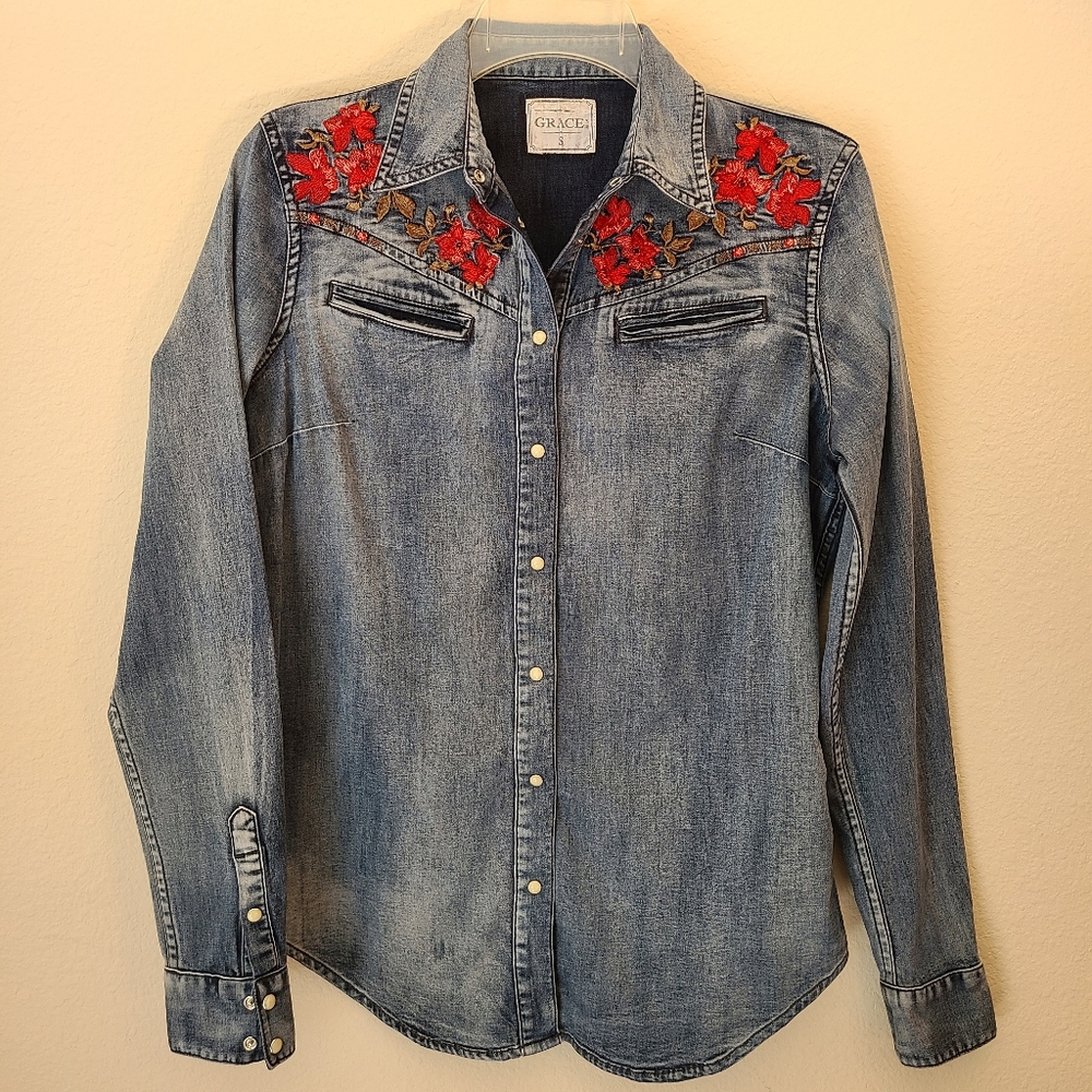 Jeans shirt with embroidery, size S